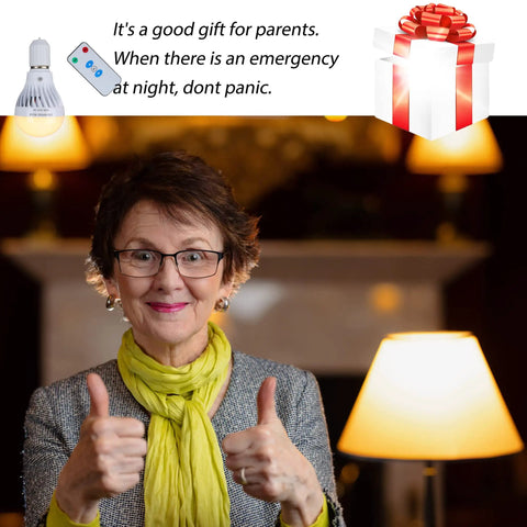 Woman smiling with thumbs up next to lamp, featuring Go To Rechargeable LED Light Bulbs With Remote Control Cordless Warm White Emergency