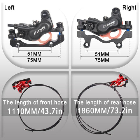 Bucklos Zoom Hb876e 2 Pin 4 Piston Hydraulic Disc Brake Set For Electric Bikes And Scooters With Automatic Power Off Sensor pre-bleed lines, including hose lengths.