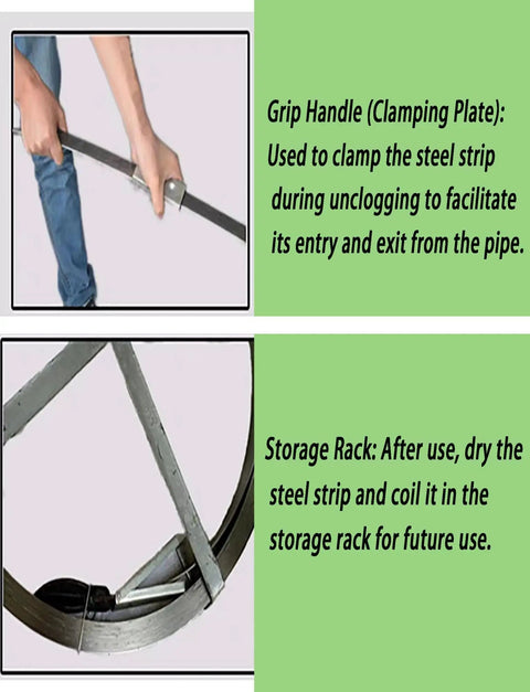 Grip handle of Heavy-Duty Sewer Drain Snake for Clogged Pipes and main lines, with storage rack for flat steel cleaning rod.