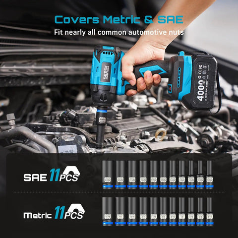 Half Inch Drive Deep Heavy Duty Impact Socket Set Pro Grade 22-Piece CR-MO Steel 6-Point Sockets For Impact Wrench SAE And Metric Sizes For Auto Truck And Machinery Repair being used on engine