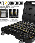 One Half Inch Drive Impact Socket Set in a case, 65 Piece SAE and Metric, deep and shallow sockets with label slot and lock design.