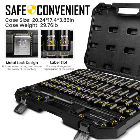 One Half Inch Drive Impact Socket Set in a case, 65 Piece SAE and Metric, deep and shallow sockets with label slot and lock design.