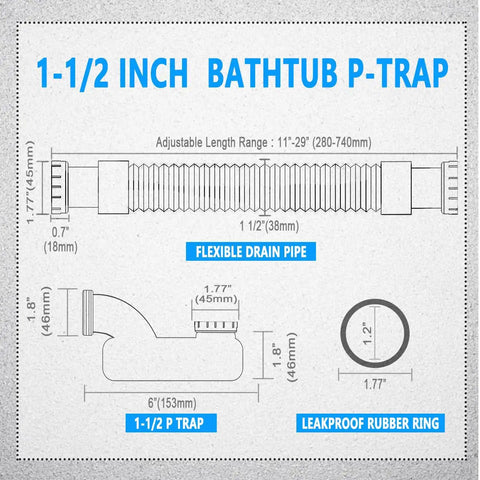 Diagram showing Low Profile 1 1/2 Inch P Trap With Flexible Bathtub Drain Pipe with measurements and parts