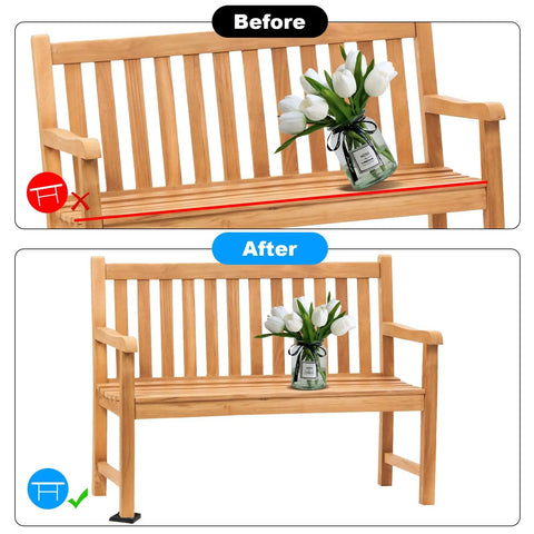 Before and after leveling a wooden bench with 48 Pack Heavy Duty Plastic Composite Shims For Furniture Doors Toilets And More Weatherproof Leveling Wedges That Never Rot Easy Snap Design For Indoor Outdoor Use And Delivers 30 Percent More Load Support Than Wood, showing improved stability and alignment.