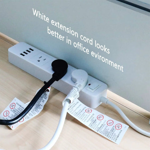 Heavy Duty 10 Foot Extension Cord 14 AWG 15 Amp 125 Volt White 1875 Watt Low Profile Cable plugged into power strip in office