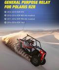 Polaris RZR off-road vehicle in desert with text listing compatible models for 5 Pack 4 Pin SPNO Automotive Relay 20A Sealed