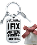 Thats What I Do I Fix Stuff And I Know Things Mechanic Keychain Gift for Maintenance Pros with tools and velvet pouch