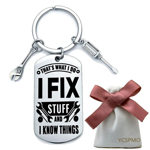 Thats What I Do I Fix Stuff And I Know Things Mechanic Keychain Gift for Maintenance Pros with tools and velvet pouch