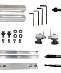 Components of Pneumatic Hinge Boring Drill Press For Woodworking 48-6, including bits and gauges for cabinet and furniture projects.