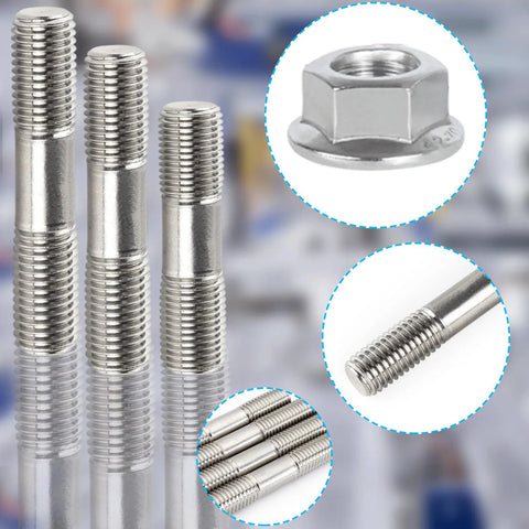 M6 stainless steel double-ended threaded studs with flange nut; 20-pack, assorted 50–80 mm, front view