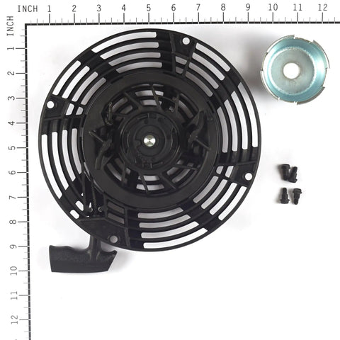 OEM 591606 Rewind Starter Assembly for Lawn and Small Engines, black plastic construction, with metal cap and screws, top view