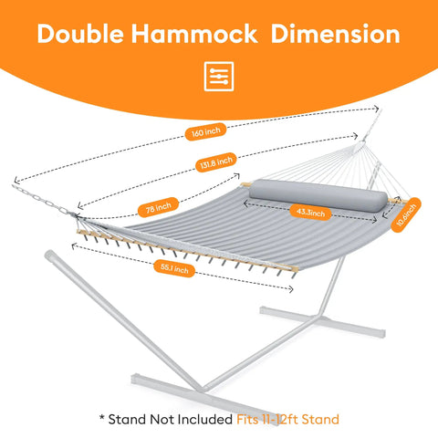 Dimensions of Double Hammock With Spreader Bar And Soft Pillow, 160 inch chains, 78 x 55.1 inch bed, shown on stand, dark gray.
