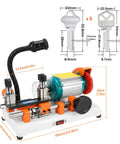 Key Cutting Machine Duplicator For Precise Manual Key Copying with dimensions and included keys shown