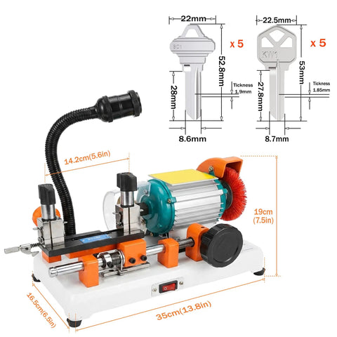 Key Cutting Machine Duplicator For Precise Manual Key Copying with dimensions and included keys shown