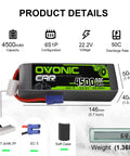 6S 22.2V 4500mAh 50C LiPo Battery With EC5 Discharge Plug And Soft Case, dimensions and connectors visible