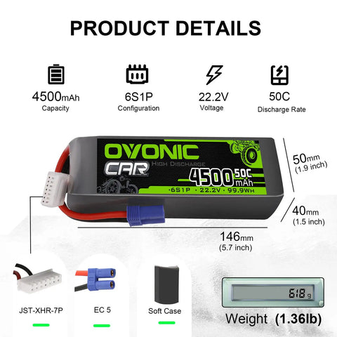 6S 22.2V 4500mAh 50C LiPo Battery With EC5 Discharge Plug And Soft Case, dimensions and connectors visible