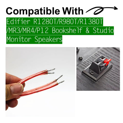 Premium 3.3ft Speaker Link Cable with red-tipped connectors shown near compatible Edifier Bookshelf and Studio Monitors