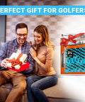 100 Pack 3-1/4 Inch Plastic Golf Tees With Extra Thick Body For Tough Grass, gift-wrapped, presented by a couple on sofa