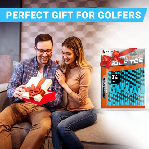 100 Pack 3-1/4 Inch Plastic Golf Tees With Extra Thick Body For Tough Grass, gift-wrapped, presented by a couple on sofa