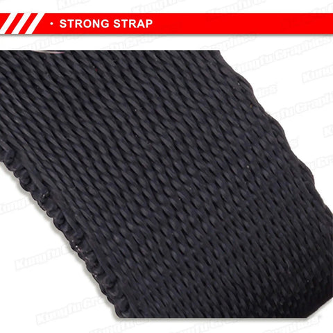Close-up of a strong black strap texture of the Front Fork Pull Sling Leash for Motocross and Enduro Recovery Gear to Haul Fallen Motorcycle.
