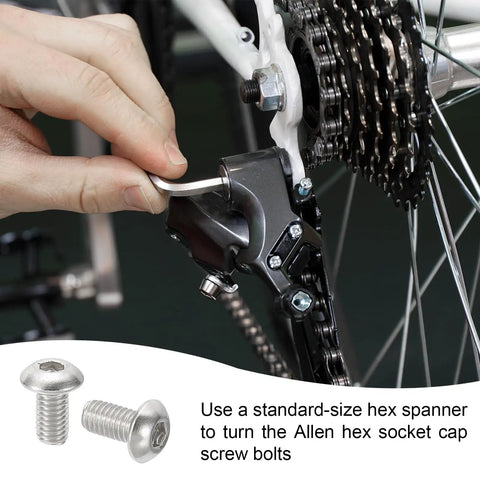 Top Shelf Heavy Duty Button Head Socket Cap Screws, 20 Pack Number 10-32 By 3/8 Inch 304 Stainless Steel with hex key installation on bike.