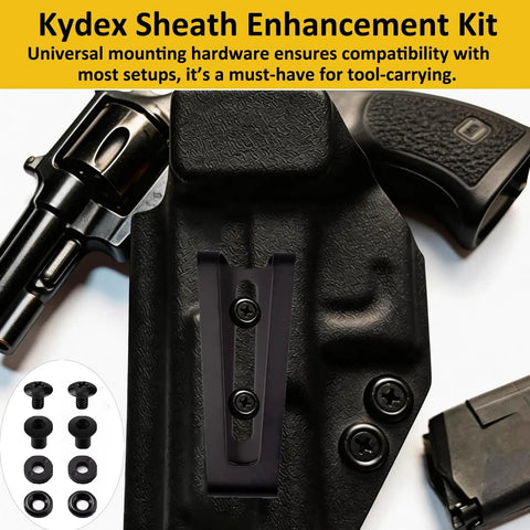 Super Slick Black Chicago Screws Fourteen Pack, Number Eight Thirty Two By One Quarter Inch Hardware for Pistol Sheaths shown in Kydex setup.