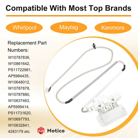 Washer lid lock assembly replacement for Whirlpool Cabrio Kenmore 600 700 Series and Maytag Bravos XL; white plastic with wire harness