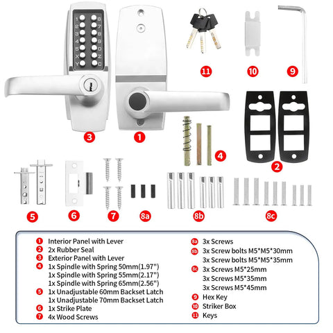 Mechanical Entry Keypad Door Lock With Key And Auto Locking Push Button Code, Single Sided Combination Brushed Nickel Parts
