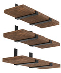 12 Inch Heavy Duty Floating Shelf Brackets Set of 6 holding wooden shelves, industrial black iron wall mounts for sturdy support.