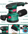 Heavy Duty 5 Inch Random Orbital Sander With 3.8 Amp 450W Motor And Variable Speed Up To 12000 Rpm showing adjustable handle, dust bag, and controls.