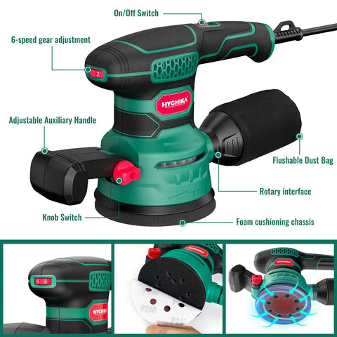 Heavy Duty 5 Inch Random Orbital Sander With 3.8 Amp 450W Motor And Variable Speed Up To 12000 Rpm showing adjustable handle, dust bag, and controls.