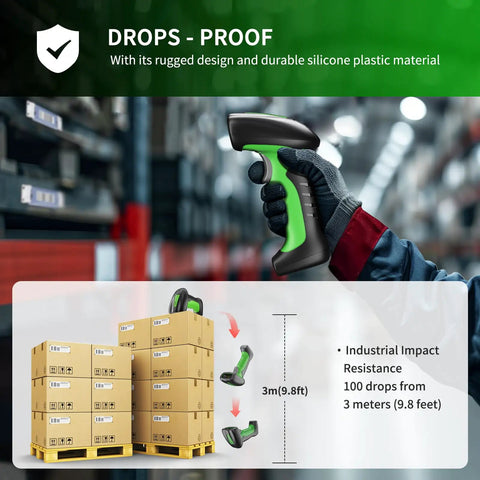 Warehouse worker holding RD Series 2D QR Industrial Bluetooth Barcode Scanner With Charging Dock RD1950 Built Tough