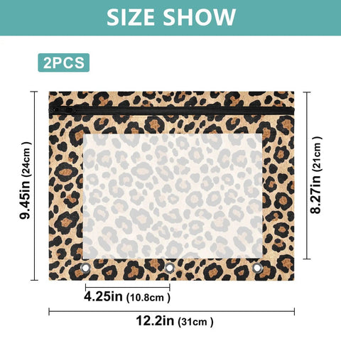 Zippered Leopard Print Coupon And Card Organizer For School Supplies, Clips Into A 3 Ring Binder dimensions shown.