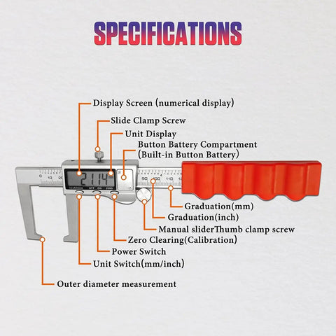 Digital Brake Rotor Caliper Measuring Tool 6 Inch with LCD, stainless steel, detailed specifications labeled, inch/mm conversion.