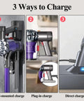 Rock Solid 10000mAh Replacement Battery For Dyson V7 Cordless Vacuum Sv11 showing three charging methods: wall-mounted, plug-in, and direct.