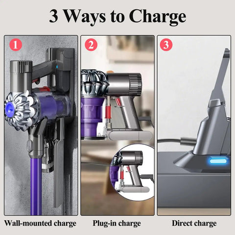 Rock Solid 10000mAh Replacement Battery For Dyson V7 Cordless Vacuum Sv11 showing three charging methods: wall-mounted, plug-in, and direct.