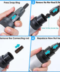 Steps to replace nut head on Heavy Duty 2 In 1 Electric Rivet Gun And Nutsetter Tool With Memory Mode, showing user handling tool.