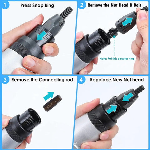 Steps to replace nut head on Heavy Duty 2 In 1 Electric Rivet Gun And Nutsetter Tool With Memory Mode, showing user handling tool.