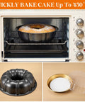 All In One Cake Baking And Transport Kit With Nonstick 9.5 Inch Ring Pan, Five 9 Inch Cake Boards, Five Clear Gold Dessert Carriers With Lids, And Five White Disposable Dessert Boards For Home Bakers On The Go; pan in oven next to carriers