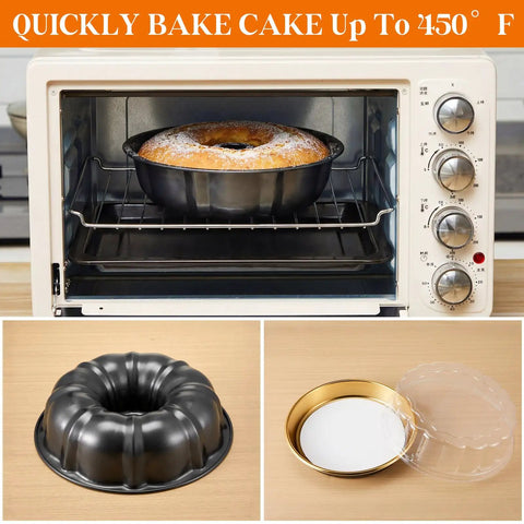All In One Cake Baking And Transport Kit With Nonstick 9.5 Inch Ring Pan, Five 9 Inch Cake Boards, Five Clear Gold Dessert Carriers With Lids, And Five White Disposable Dessert Boards For Home Bakers On The Go; pan in oven next to carriers
