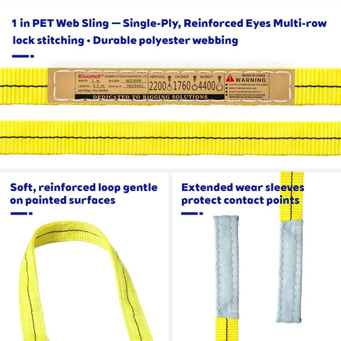 Kivomot lifting straps, front view, 6.5 ft long, 1 in wide yellow polyester tow straps, 2-pack, 4400 lb max load