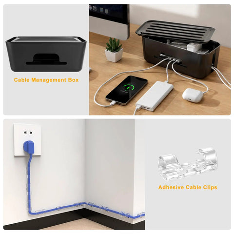 All In One Cable Management Kit For Computer Desk And TV Setup with box and adhesive clips in use under desk