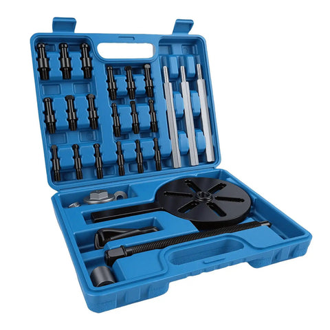 Rock Solid Steel Bearing Puller Set For Auto Wheel Hub Repair With Pro Extractor Tool 33 Piece Kit, blue case with DL1 DL6 collets