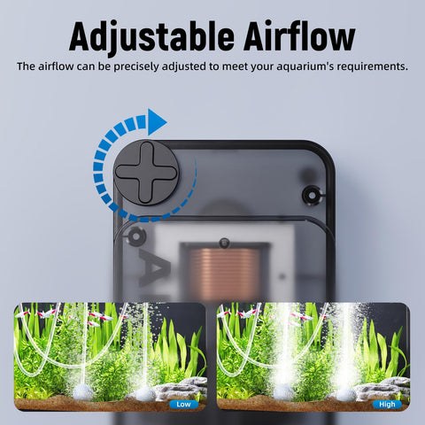 Ultra Silent Aquarium Air Pump For 60 To 90 Gallon Tanks, showcasing adjustable airflow knob with high and low settings
