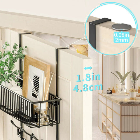 Over The Door Hooks Organizer With Basket And 12 Coat Hooks Grab And Go Door Hanger Storage Rack installed on door, showing fit