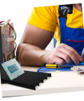 Two Piece Antistatic Bar Rack With Split Tray Lid for PCB relays and ESD straps, technician working on circuit board