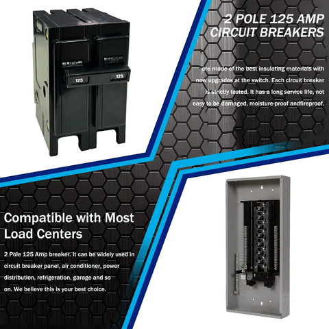 Image showing 125 Amp 2 Pole Plug In Circuit Breaker For 120 And 240 Volt Built Tough Thermal Magnetic Interrupter Replaces Common 125A Breakers.