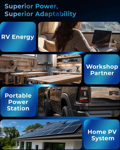 5000W Power Inverter With Pure Sine Wave Cleans 12V Battery Juice Into 120V Ac For Your Rig Adventures Solar Backup Must Have Quadruple Wall Plugs Usb Fast Charging Remote Lcd Screen Rock Solid Build showcased in RV energy, workshop, and home PV system.