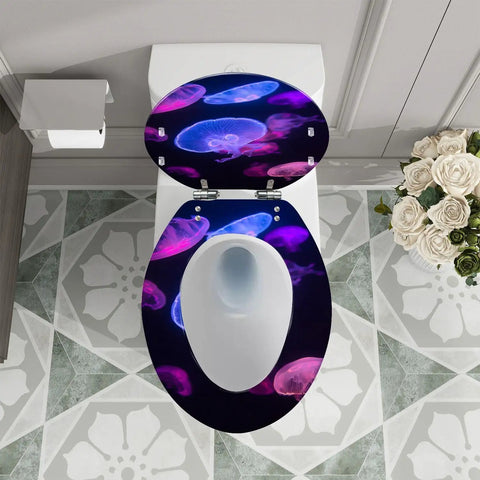 Elongated Toilet Seat Resin Quiet Close for Bathroom with jellyfish design, top view on modern toilet.