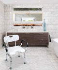Tool Free Assembly Shower Chair For Tub No Tools Needed With Adjustable Height From 15 To 20 Inches In White Bathroom
